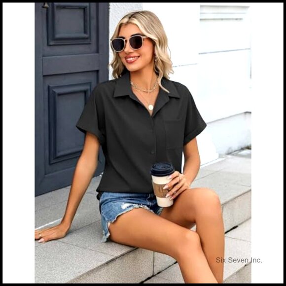 Short Sleeve Button Down Shirt V Neck Blouse with Pocket Loose Fit - Picture 6 of 7